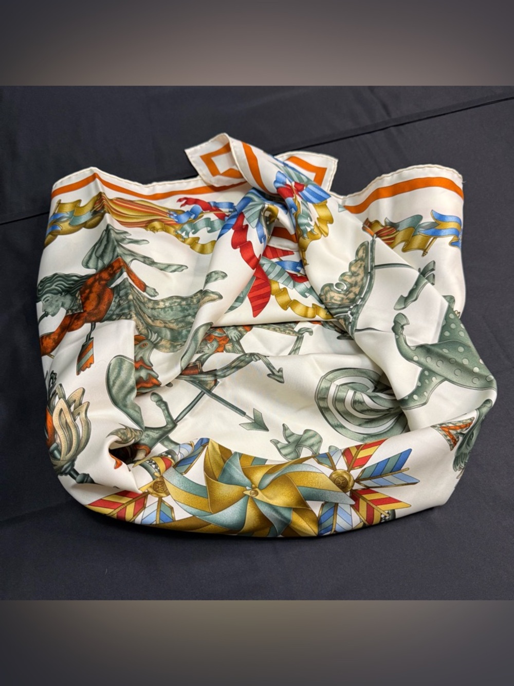 Hermes Silk Scarf Les Girouettes Wind Spinner Weather Vane Pinwheel Green White - Picture 11 of 12